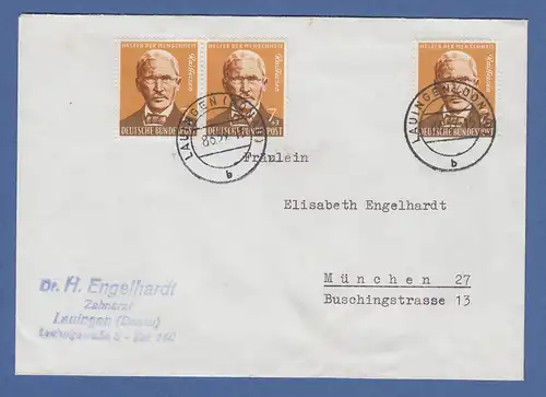 Bund 1958 Wohlfahrt Raiffeisen Mi.-Nr. 297 3x als MEF auf Brief aus Lauingen