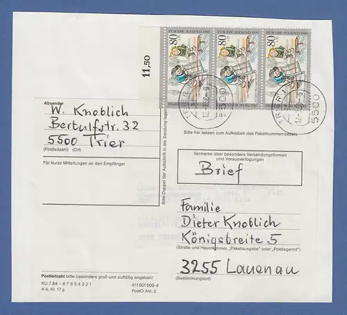 Bund 1990 Jugend 3x80 Pfg. Mi.-Nr. 1457als MEF auf schwerem Brief, O Trier