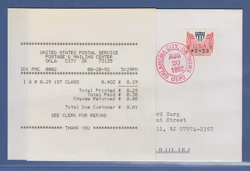 USA 1992 PMC Gard-ATM 0,29$ auf FDC 20.8.92 mit Voucher-ET-Quittung !  