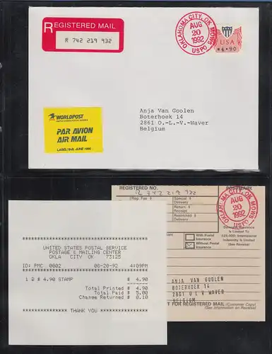 USA 1992 PMC Gard-ATM 4,90$ auf R-FDC 20.8.92 nach Belgien mit Ersttags-Quittung