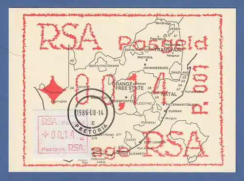 RSA Südafrika FRAMA-ATM  P.001 aus OA Wert 00,14 auf Maximumkarte mit VS-Stempel