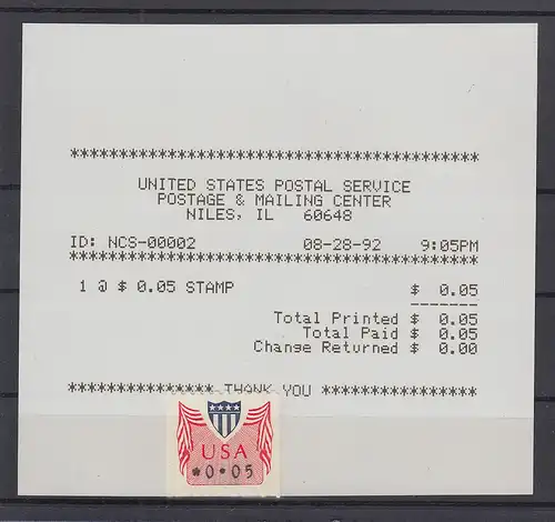 USA 1992 PMC Gard-ATM 0,05 $ mit AQ 28.8.92 falsche Angabe NILES,  IL 60648 