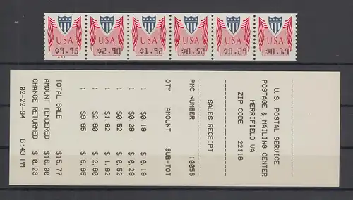 USA 1994 Unisys ATM Satz 6 Werte 19-29-52-192-290-995 , letzterer mit Platten-Nr