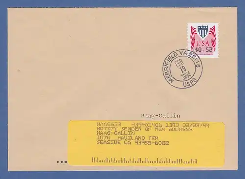 USA PMC Unisys ATM,  Wert 0,52 $ auf Inlands-FDC MERRIFIELD VA 19. FEB.1994