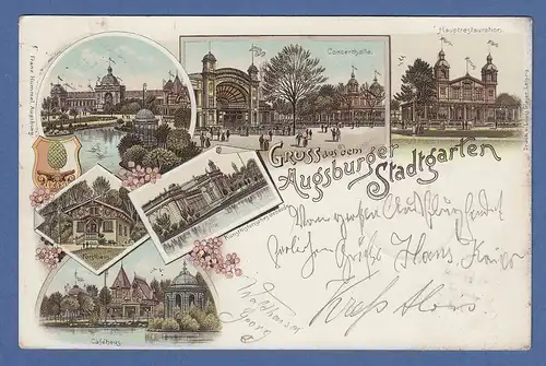 AK Bayern Gruss aus dem Stadtgarten Augsburg, gelaufen 1899 nach München