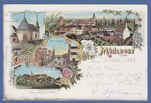 AK Bayern Gruss aus Mühldorf am Inn gelaufen 1899 nach München