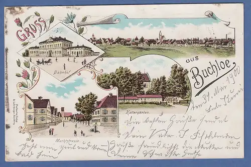 AK Bayern Gruss aus Buchloe Bahnhof, Marktstraße usw. gelaufen 1900 nach München