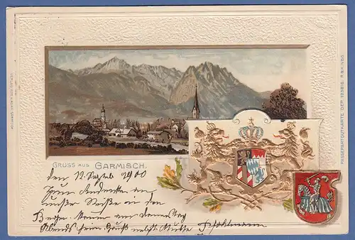 AK Bayern Gruss aus Garmisch mit geprägtem Wappen gelaufen 1900 nach München