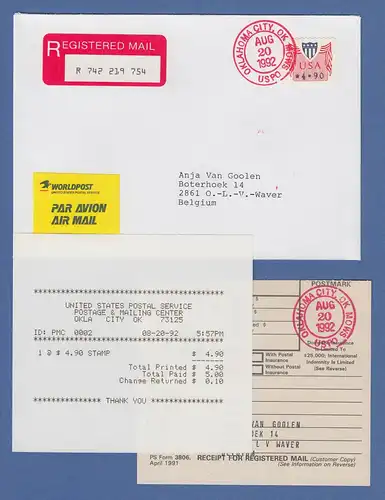 USA 1992 PMC Gard-ATM 4,90$ auf R-FDC Oklahoma 20.8.92 -> Belgien m. ET-Quittung