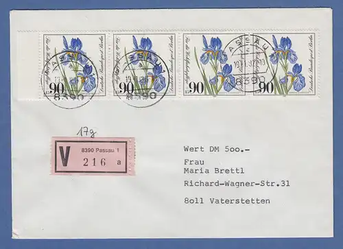 Berlin 1981 Wohlfahrt 90+45 Mi.-Nr. 653 4er-Streifen auf Wert-Brief, O Passau