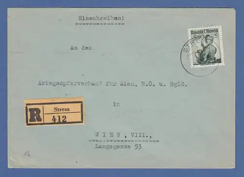 Österreich 1948 Trachten 3,50 S Mi.-Nr. 923 als EF auf R-Brief aus Strem n. Wien