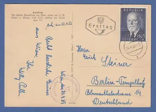 Österreich 1953 Th. Körner Mi.-Nr. 982 auf AK aus Wien gel. nach Berlin. Zensur
