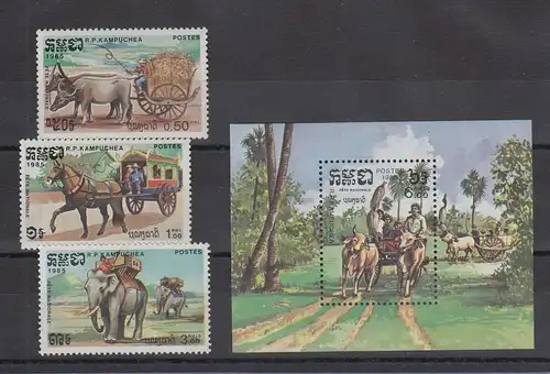 Kambodscha / Cambodge 1985 Mi.-Nr. 628-30 und Block 141 Last- und Nutztiere ** 