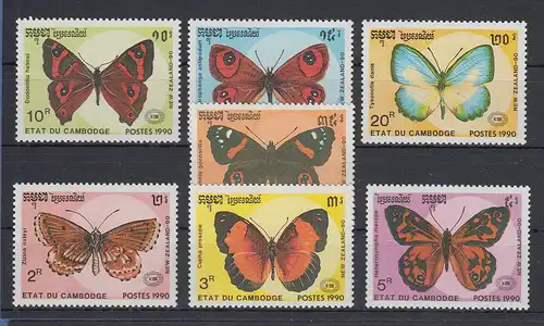 Kambodscha / Cambodge 1990 Mi.-Nr. 1142-48 Schmetterlinge kpl. Satz 7 Werte ** 