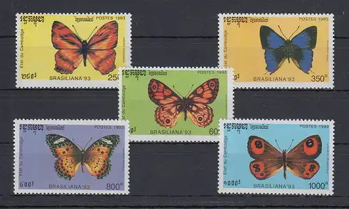 Kambodscha / Cambodge 1993 Mi.-Nr. 1354-58 Schmetterlinge kpl. Satz 5 Werte ** 