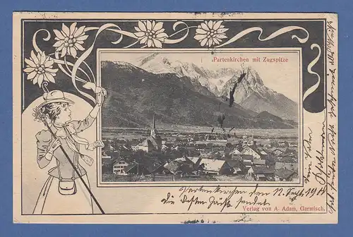 AK Bayern Partenkirchen mit Zugspitze  gelaufen um  1900 nach München 