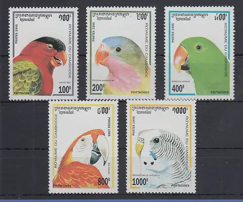 Kambodscha / Cambodge 1995 Mi.-Nr. 1514-18 Vögel Papagaien Satz 5 Werte ** 