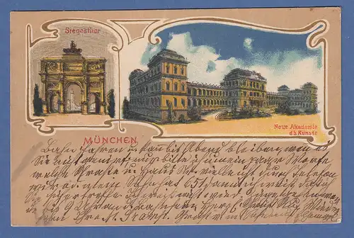 AK Bayern München Siegestor Neue Akademie d.Künste gelaufen 1910 nach Pasing