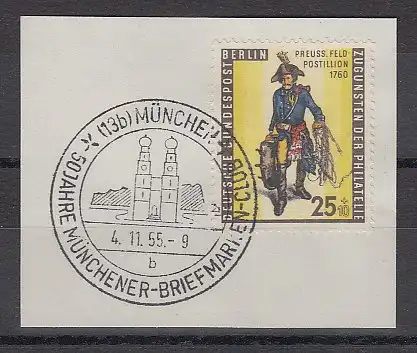 Berlin 1955, Postillon 25Pfg-Wert Mi-Nr. 131 auf Briefstück mit Sonder-O München