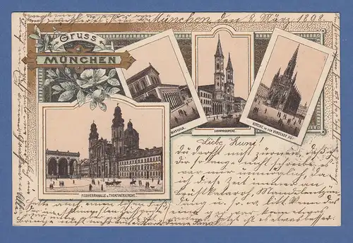 AK Bayern Gruss aus München Feldherrnhalle ect.  gel. 1898 nach Bamberg