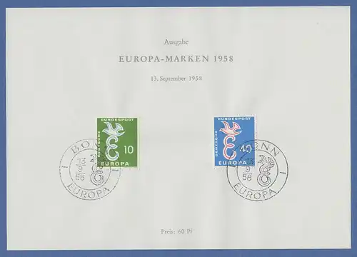 Bundesrepublik 1958 EUROPA-Marken offiz. Sonderblatt mit Sonderstempel BONN