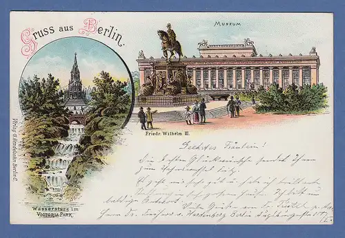 AK Gruß aus Berlin Wassersturz  Viktoriapark, Museum gelaufen 1901 nach München