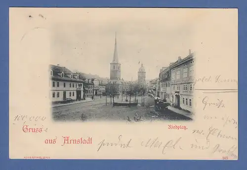 AK Gruß aus Arnstadt Riedplatz gelaufen 1898 nach Bamberg