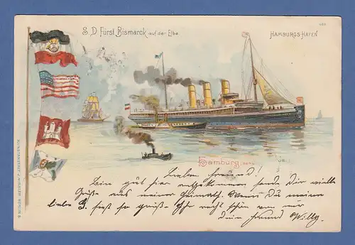 AK Hamburg Hafen S.D. Fürst Bismarck auf der Elbe gelaufen 1901 nach München