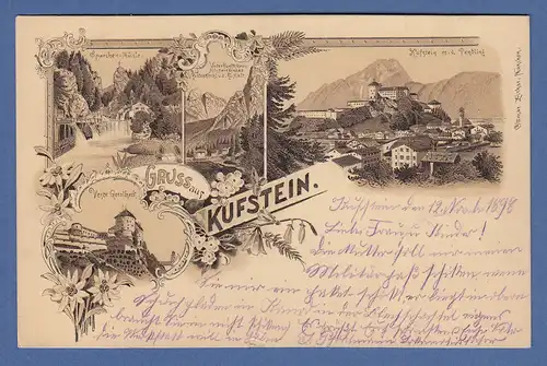 AK Gruß aus Kufstein verschiedene Ansichten gelaufen 1899 nach Bamberg