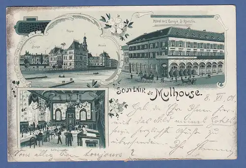 AK Frankreich Souvenir de Mulhouse 3 Ansichten gelaufen 1901 nach München