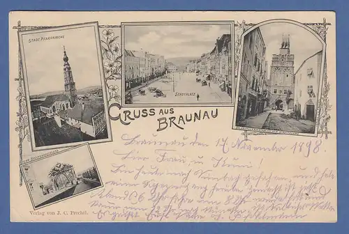 AK Österreich Gruss aus Braunau gelaufen 1898 nach Bamberg