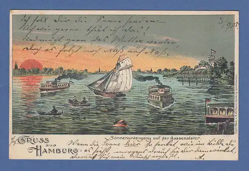 AK Gruß aus Hamburg Sonnenuntergang auf der Außenalster , gelaufen 1905