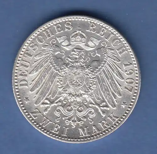 Deutsches Kaiserreich Baden Friedrich II. Silbermünze 2 Mark 1907 G stempelgl. 