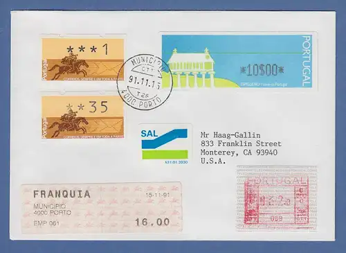 Portugal 1991 SAL-Brief aus Porto in die USA mit ATM Nr. 1 (unentwertet) 2 und 3