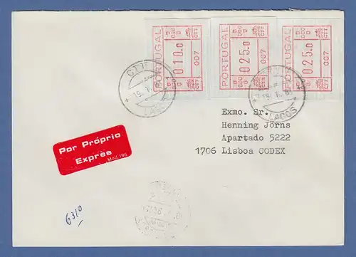 Portugal seltener Express-Brief mit 3 Orts-ATM 007 und Orts-O Lagos 19.1.1983 