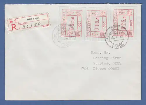 Portugal seltener R-Brief mit 3 Orts-ATM 007 und Orts-O Lagos 19.1.1983 