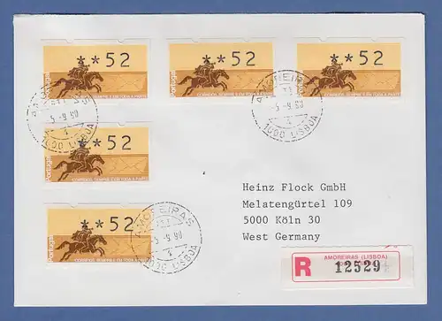 Portugal 1990 ATM Postreiter Mi.-Nr. 2.1 Wert 52 5x als MEF auf R-FDC nach Köln