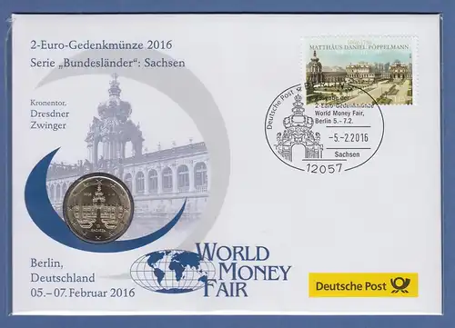 Numisbrief offiziell Deutsche Post  mit 2€ Münze 2016 Bundesland Sachsen Dresden