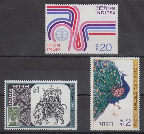 Indien 1973 INDIPEX Emblem, Elefant, Pfau  Mi.-Nr. 580-82A  Satz 3 Werte ** 