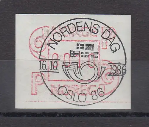 Norwegen 1986 FRAMA-ATM Posthörner breite Ziffern braunrot ET-So.-O NORDENS DAG