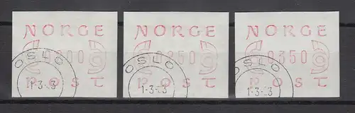 Norwegen 1980 FRAMA-ATM Posthörner Ziffern schmal braunrot Satz 200-250-350 O