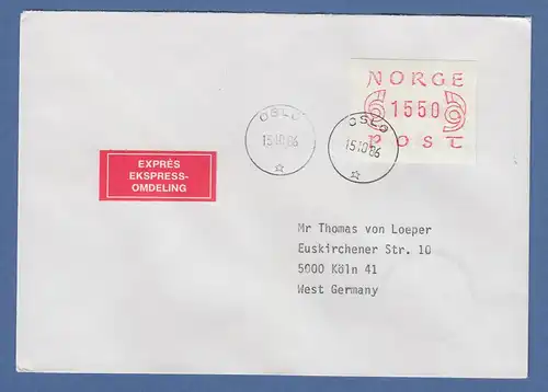 Norwegen 1980 FRAMA-ATM Mi.-Nr. 2.1b Wert 1550 auf Expr.-LDC OSLO 15.10.86 -> D