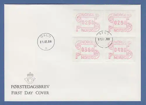 Norwegen 1986 FRAMA-ATM Mi.-Nr. 3.2b Satz 250-290-380-480 auf Tarif-FDC 1.3.88