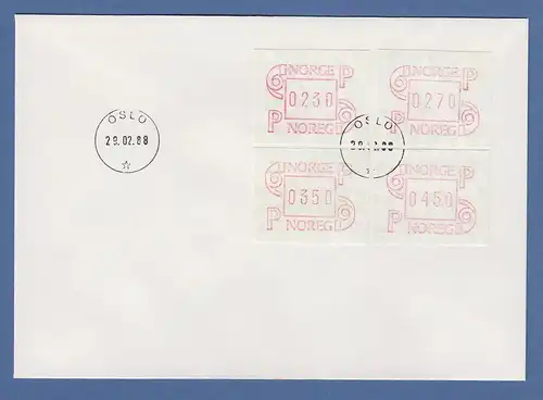 Norwegen 1986 FRAMA-ATM Mi.-Nr. 3.1b Satz 230-270-350-450 auf Tarif-LDC 29.2.88