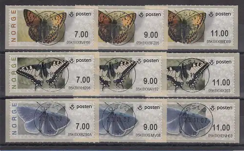 Norwegen 2007 ATM Schmetterlinge altes Logo Mi-Nr. 7-9 je Satz 7.00-9.00-11.00 O