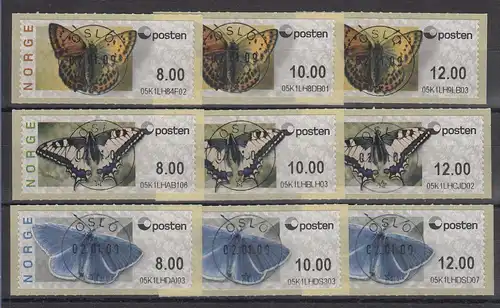 Norwegen 2008 ATM Schmetterlinge neues Logo Mi-Nr. 10-12 je Satz 8-10-12 O