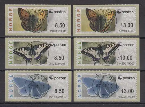 Norwegen 2008 ATM Schmetterlinge neues Logo Mi-Nr 10-12 je Werte 8.50 / 13.00 O