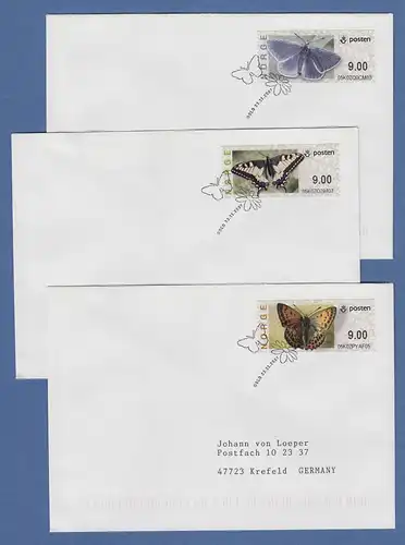 Norwegen 2008 ATM Schmetterlinge altes Logo Mi-Nr 7-9 je Wert 9.00 auf 3 FDC 