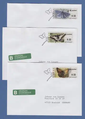 Norwegen 2008 ATM Schmetterlinge neues Logo Mi-Nr 10-12 je Wert 8,50 auf FDC 