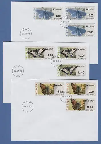 Norwegen 2008 ATM Schmetterlinge neues Logo Mi-Nr. 10-12 je Satz 8-10-12 auf FDC